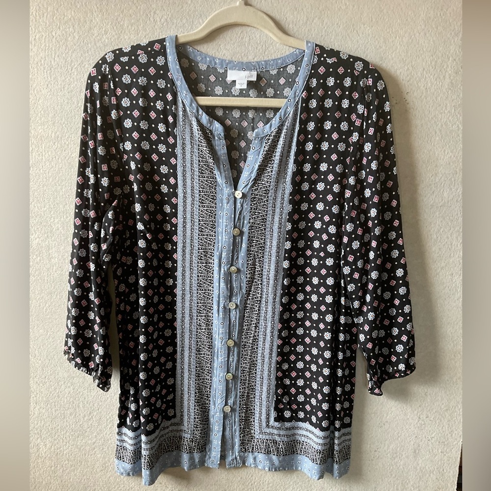 J. Jill Black and Blue Buttoned Blouse with Mandarin Collar
